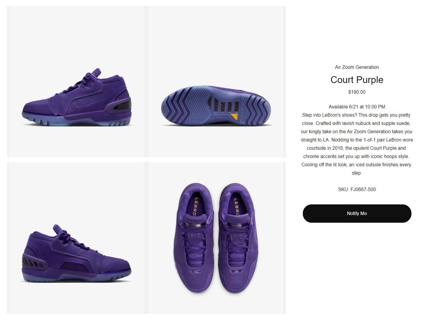 Nike Air Zoom Generation: Lebron James Nike Air Zoom Generation Court Purple  release date 2023